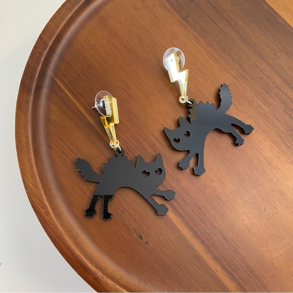 4/$15 Halloween Themed Black Cat Golden Lightning Bolt Drop Earrings